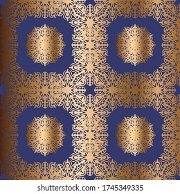 Abstrakter vektororientierter, nahtloser goldener Muster. Blauer Hintergrund.