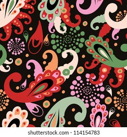 Abstract vector oriental seamless pattern with paisley elements on dark background