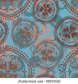 Abstract vector oriental seamless pattern with paisley elements in turquoise and chocolate tones