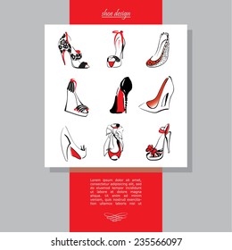 Abstract vector ornament border. Shoe design pattern. Black and red freehand drawing on a white background. Can be used for banners, cards, covers, etc.