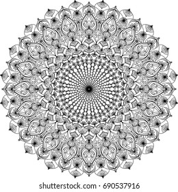 Abstract vector ornament in circle with floral motifs. Ornate mandala. Fashion print. Decorative pattern in ethnic hippie style for yoga mat, wall art, tapestry, clothing, textile, coloring pages. 