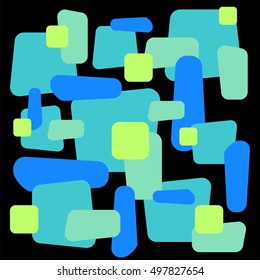 Abstract vector ornament on square tile. Colorful geometric decorative pattern. Rectangle element for web design or graphic decor. Hand-drawn blots of blue, yellow, green and turquoise color on black