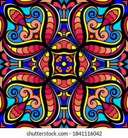 Abstract vector ornament, seamless pattern in bright colors, square ornamental decorative tile, stained glass mosaic background