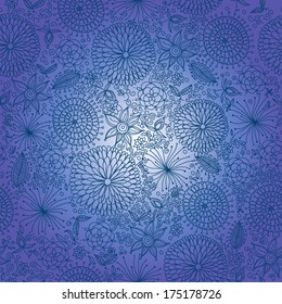 Abstract vector ornamental floral background with circle gradient in blue colors
