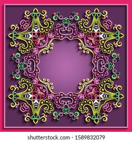 Abstract vector ornamental nature vintage frame. Modern volumetric floral elements. Trendy craft style illustration