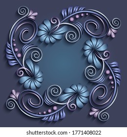 Abstract vector ornamental nature vintage frame. Modern volumetric floral elements. Trendy craft style illustration