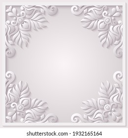 Abstract vector ornamental nature vintage frame. Modern volumetric floral elements. Trendy craft style illustration