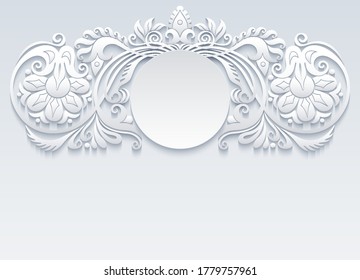 Abstract vector ornamental nature white vintage frame. Modern volumetric floral elements. Trendy craft style illustration