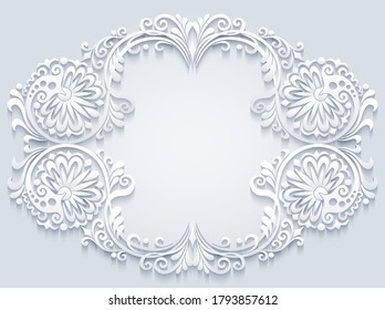 Abstract vector ornamental nature white vintage frame. Modern volumetric floral elements. Trendy craft style illustration