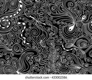 Abstract vector ornamental seamless pattern with curling lines, figured shapes and doodles. Endless decorative texture