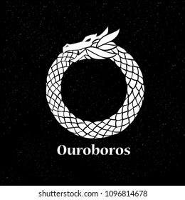 Abstract Vector Ouroboros Snake Symbol, Sign or a Logo Template. On Black Background with Retro Texture