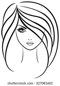 Abstract vector outline portrait of young beautiful girl with long locks