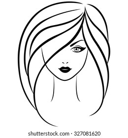 Abstract vector outline portrait of young beautiful girl with long hair
