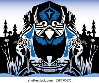 Abstract vector owl and bat in twilight forest