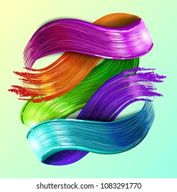 Abstract Vector Paint Brush Stroke. Digital 3D Ribbon With Brush Texture. Abstract Ink Background. Creative Spiral Wave With Pink, Blue, Red Colors.