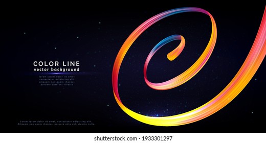 Abstract vector paint brush stroke. Colorful curl of liquid paint. Digital 3D ribbon with brush texture. Creative spiral wave on yellow, pink, blue, red colors on dark blue background.