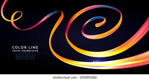 Abstract vector paint brush stroke background. Colorful curl of liquid paint. Digital 3D ribbon with brush texture. Creative spiral wave on yellow, pink, blue, red colors on dark blue backdrop.