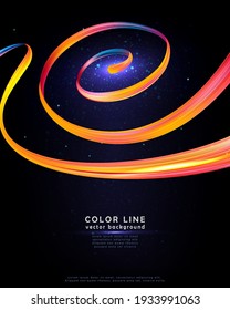 Abstract vector paint brush stroke background. Colorful curl of liquid paint. Template or poster, placard, broadsheet, bill, broadside etc. Creative spiral wave on bright colors on dark blue backdrop
