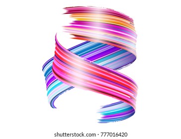 Abstract Vector Paint Brush Stroke. Colorful Curl of Liquid Paint. Digital 3D Ribbon with Brush Texture. Abstract Ink Background. Creative Spiral Wave with Pink, Blue, Red Colors. Isolated on White. 