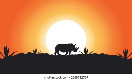 Abstract vector painting of a rhino standing in a savanna, sunset and orange-red sky, rays of the sun
