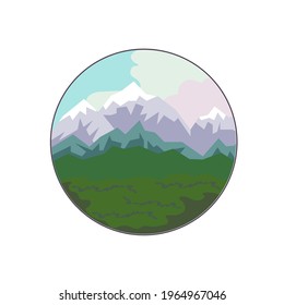 Abstract vector panorama of mountains and hills in Flat design style, top view, climbing skyline of Himalayas or Rocky Mountains for prints, postcards, booklets, icons for social media and stories.