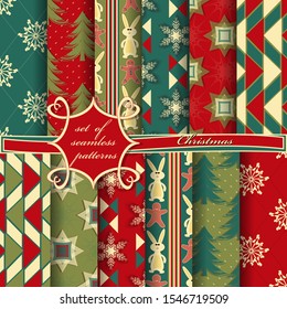  Abstract vector paper with Christmas symbols and elements of Christmas design. Set of seamless Christmas illustrations.