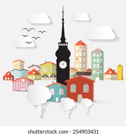 Abstract Vector Paper Cut Flat Design Town Illustration with Tower