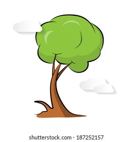 Abstract Vector Paper Green Tree with Clouds