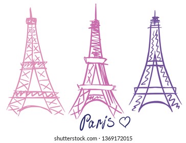 Abstract vector of a Paris Eiffel Tower Icon. Hand drawn. Set