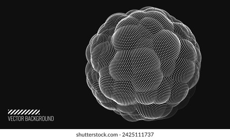 Abstract Vector Particles Mesh on Black Background. Futuristic Style HUD Design Element. Corrupted Point 3D Sphere. Chaos Aesthetics. Vector Illustration.