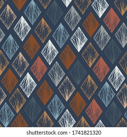 Abstract vector pastel blue and orange textured hand drawn rhombus seamless pattern. Calm colors texture with unique rhomb shapes for textile design, wrapping paper, surface, wallpaper, background