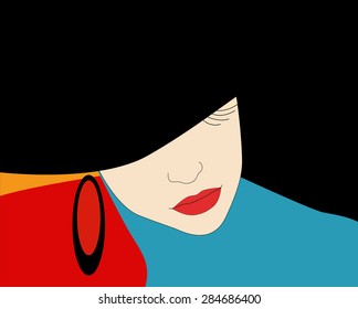 Abstract vector pattern of a beautiful girl in a black hat, blue dress, red lipstick. Beauty and fashion print, Art, color, Red, black