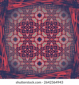 Abstract vector pattern in beige red blue. Bright pattern for textiles, pillows, interior decoration. Frame.
