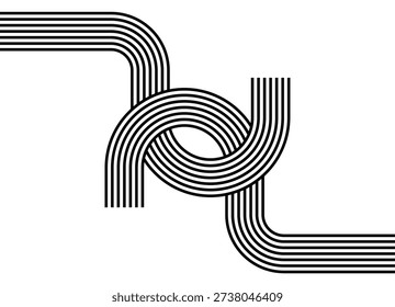 Abstract Vector pattern of black parallel retro lines on a white background. Sporty vector background of curved intertwined intersecting lines. Striped arches. 60s - 80s design element. Flow. Disco, hippie. road. Woven hooks