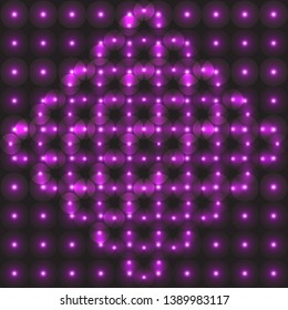 Abstract vector pattern. Bright glowing purple repeating elements on a black background. Geometric illustration. Modern design for banner, poster, flyer, postcard, greeting card, cover, brochure.
