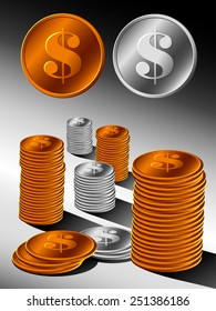 Abstract vector pattern coins with a dollar sign, a stack of gold and silver coins