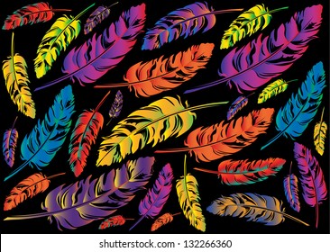 abstract vector pattern with colorful bird feathers isolated on black