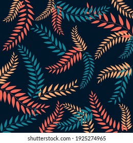 Abstract vector pattern with colorful tropical branches on dark background