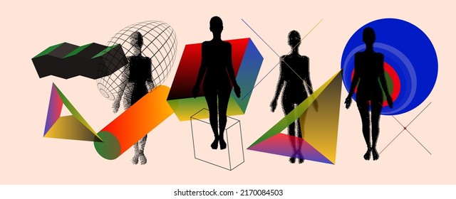 Abstract Vector Pattern Composition Background With geometric textured elements and shapes, human body. For Web Design, social media, Invitation, Poster, Textile Print, Background.