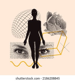 Abstract Vector Pattern Composition Background With geometric textured elements and shapes, human body. For Web Design, social media, Invitation, Poster, Textile Print, Background.