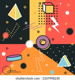 Сolorful abstract vector pattern with creative geometric 3d shapes. Trendy bright background, fashion retro style 80 - 90s. Artistic vibrant retro print