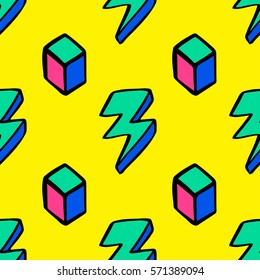 Abstract vector pattern with cubes and lightning in memphis style.