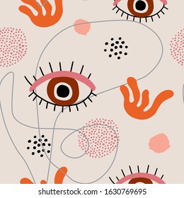 Abstract vector pattern with eye, lines, dots and decorative leaves. Modern trendy seamless illustration for baby, kid, child fabric or textile design. Digital paper art