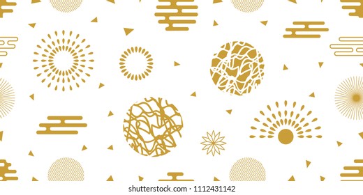 Abstract vector pattern with fans, grunge circles and different geometric elements. Golden print with Chinese motifs on white background.