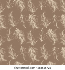 Abstract vector pattern with feathers. Coffee color pillow.