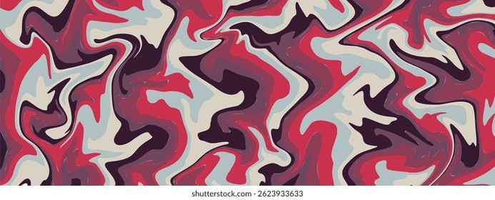 Um padrão vetorial abstrato com redemoinhos em vermelho rico, rosa mudo, ameixa profunda, creme e azul claro.