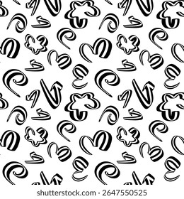 Abstract vector pattern featuring curvy shapes, lines, and heart designs on a white background, suitable for various creative projects