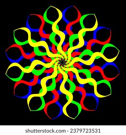 Abstract vector pattern in the form of multi-colored wavy lines arranged in a circle on a black background