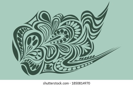 abstract vector pattern in the form of an ornament of leaves and feathers in gray-green tones