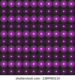 Abstract vector pattern. Geometric black background with repeating stripes of 3D purple spheres and magical light. Halftone, gradients, ball shapes. Trendy design for poster, flyer, cover, brochure.